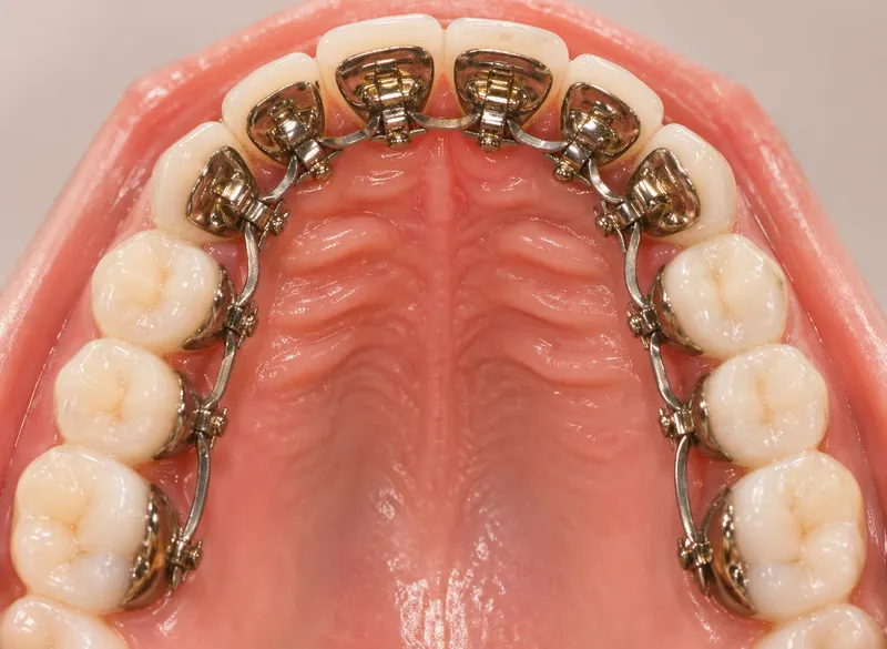 Lingual braces hidden behind the teeth