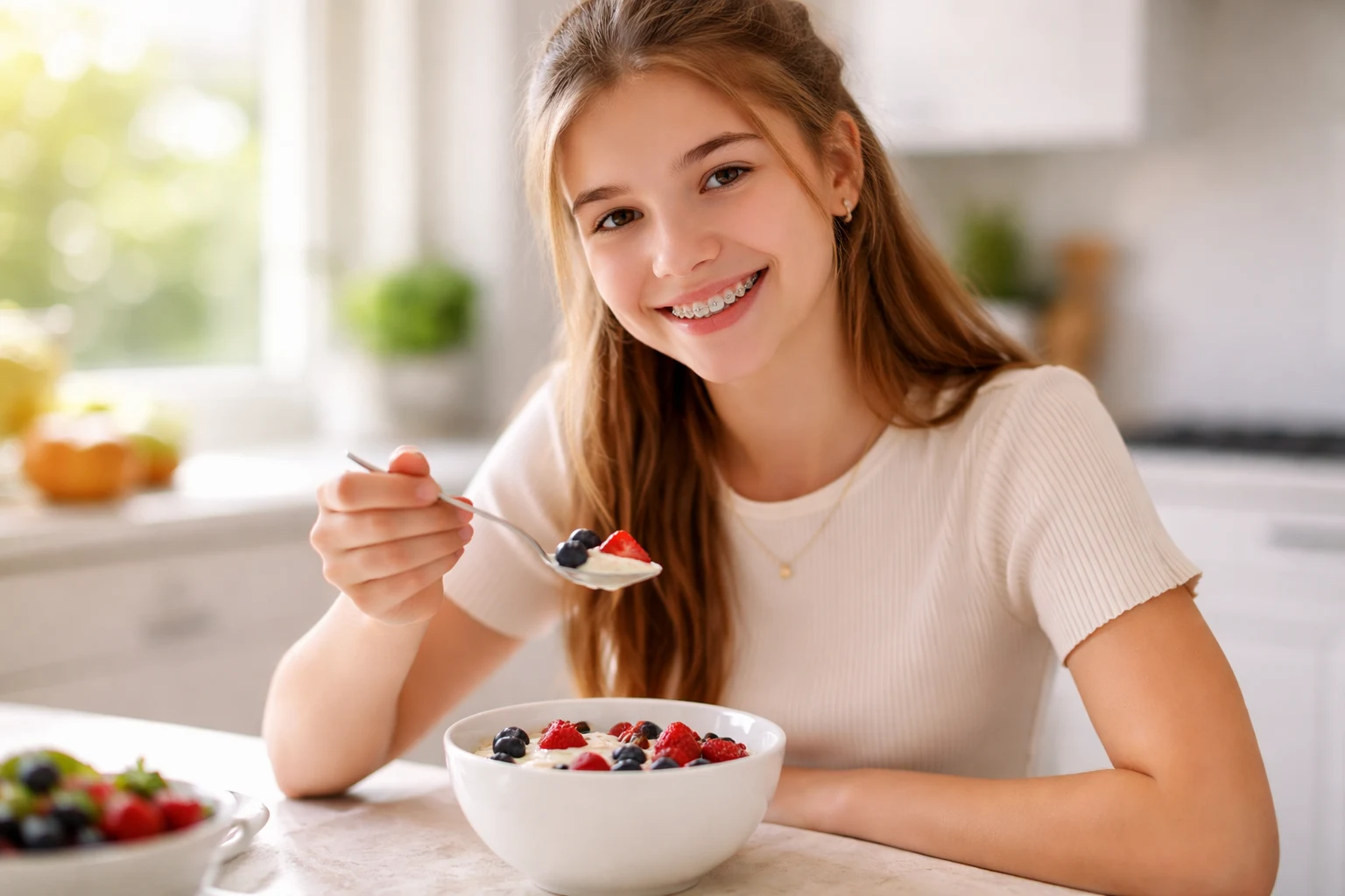 Teen with braces enjoying a braces-friendly bowl of soft yogurt and berries