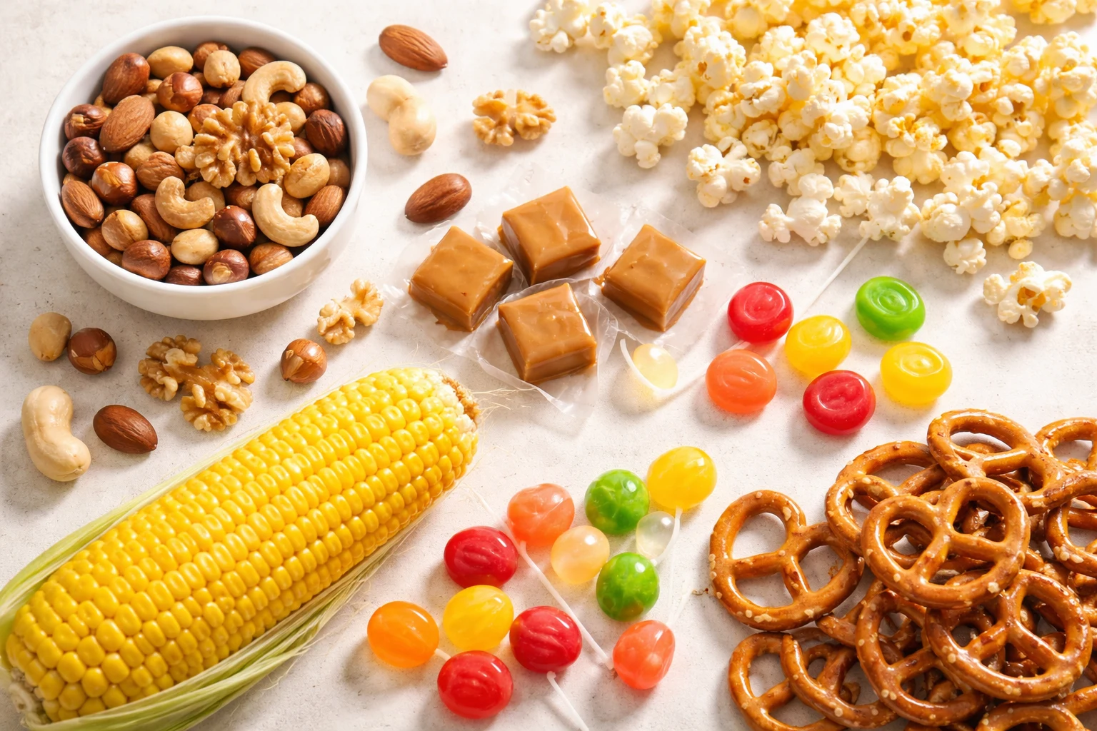 Flat-lay of hard and sticky foods to avoid with braces: nuts, popcorn, caramels, hard candy, corn and pretzels