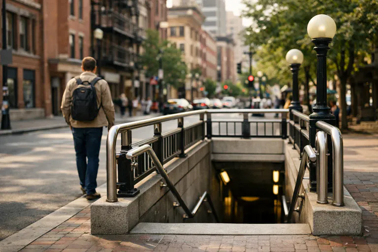 Subway station entrance on a tree-lined Boston street